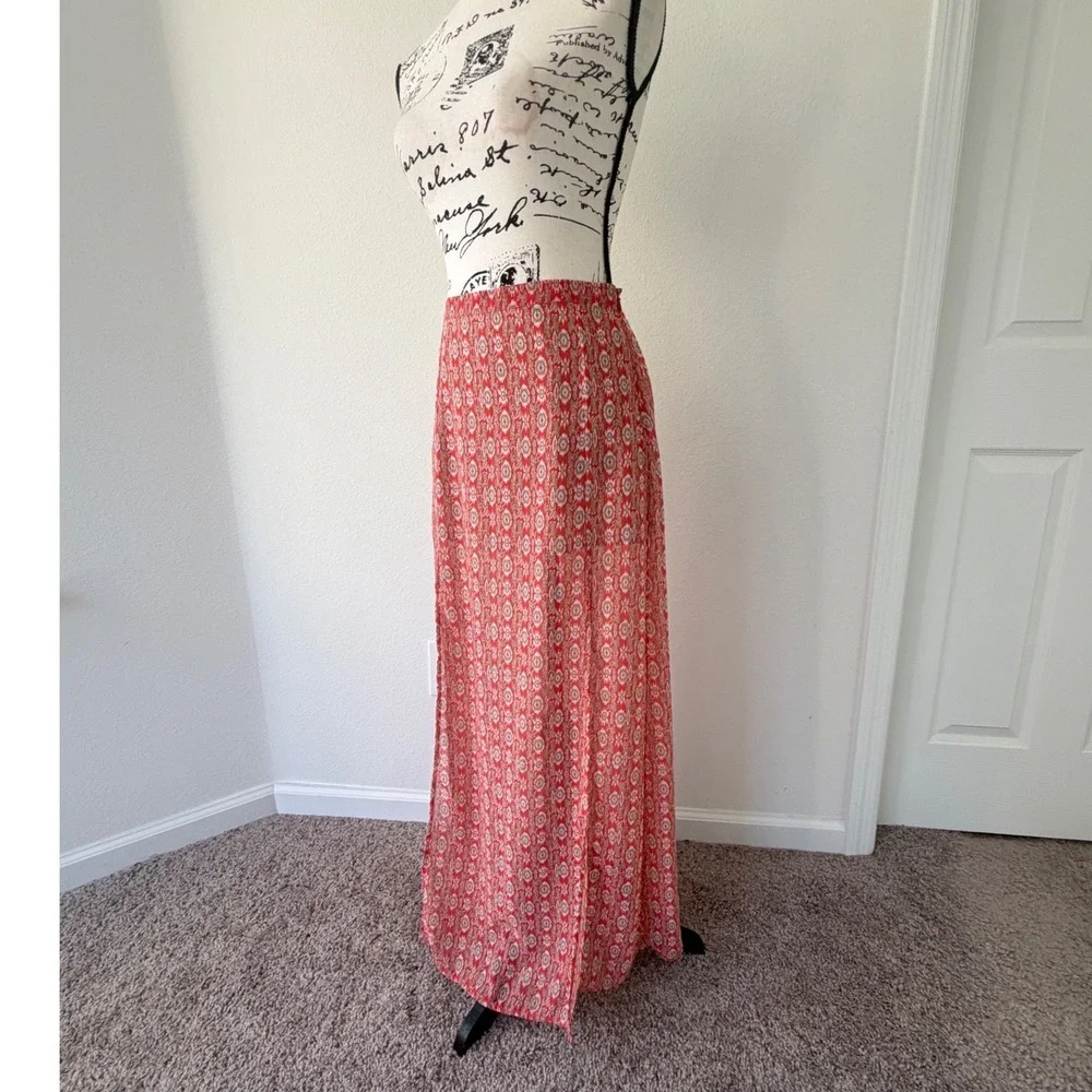 Skies Are Blue Red Boho Ikat Print Maxi‎ Skirt with High Slit Small 50489